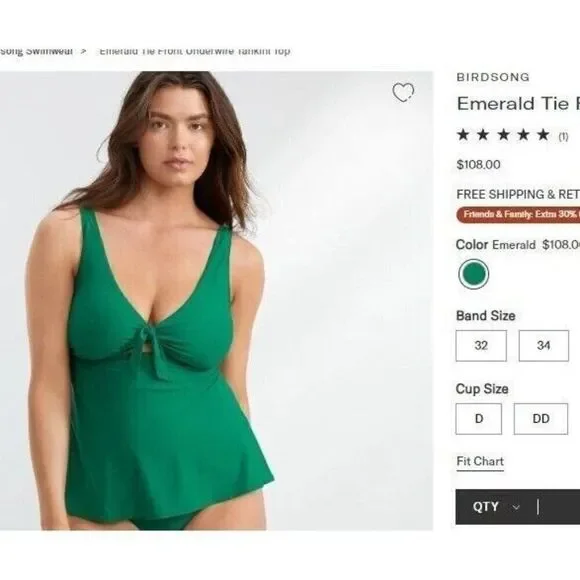 Birdsong Bare Necessities Size 34D Underwire Green Tie Front Tankini Swim Top - Picture 2 of 13